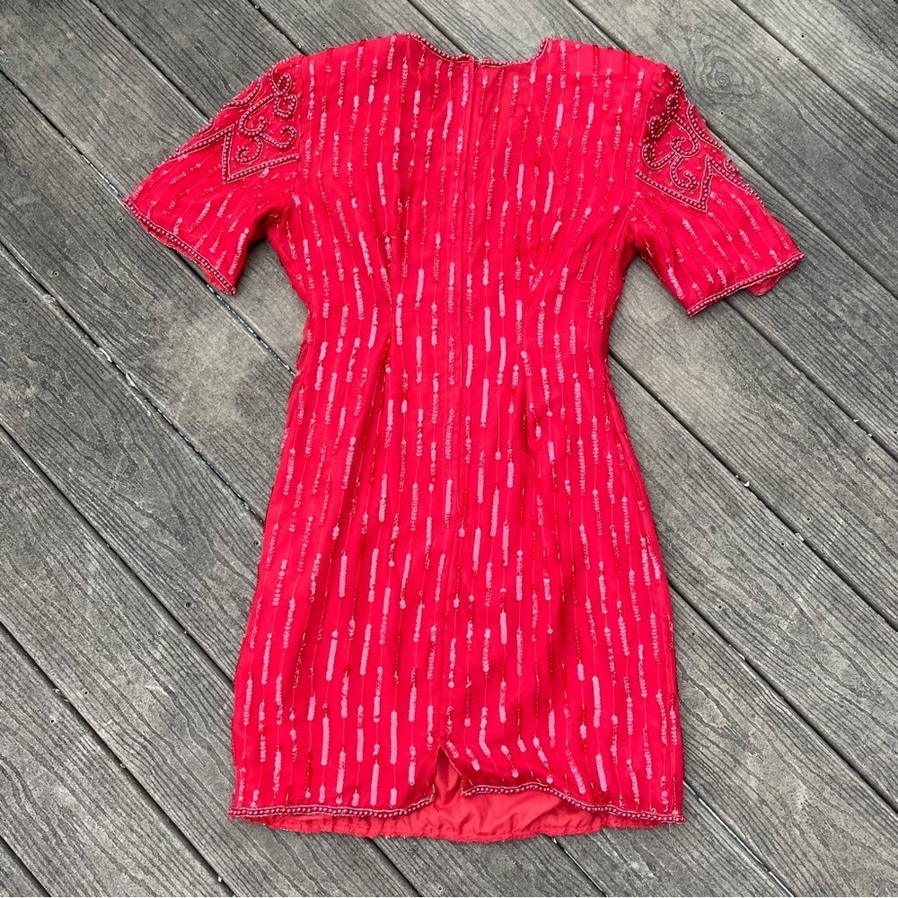 Vintage 80s Red Silk Beaded Embellished Flapper Shoulder Pad Mini Dress Size 6 - Picture 6 of 8